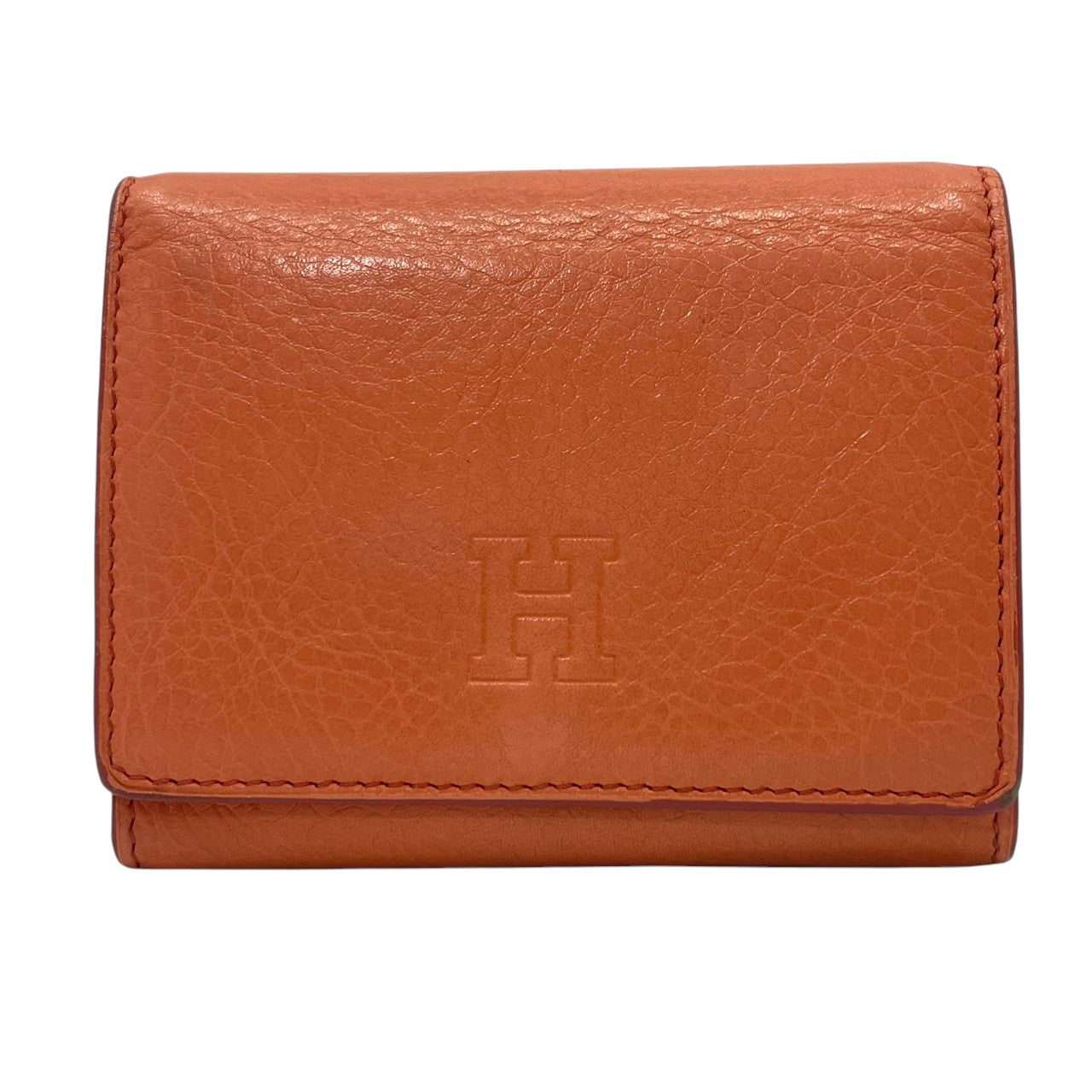 美品　ヒロフ　HIROFU　二つ折り財布　レザー　本革　オレンジ　Hロゴ　コンパクトウォレット　ミニ財布　札入れ　小銭入れ　カード収納　スナップボタン　イタリア製　上品　クラシック　レディース　日常使い　M2