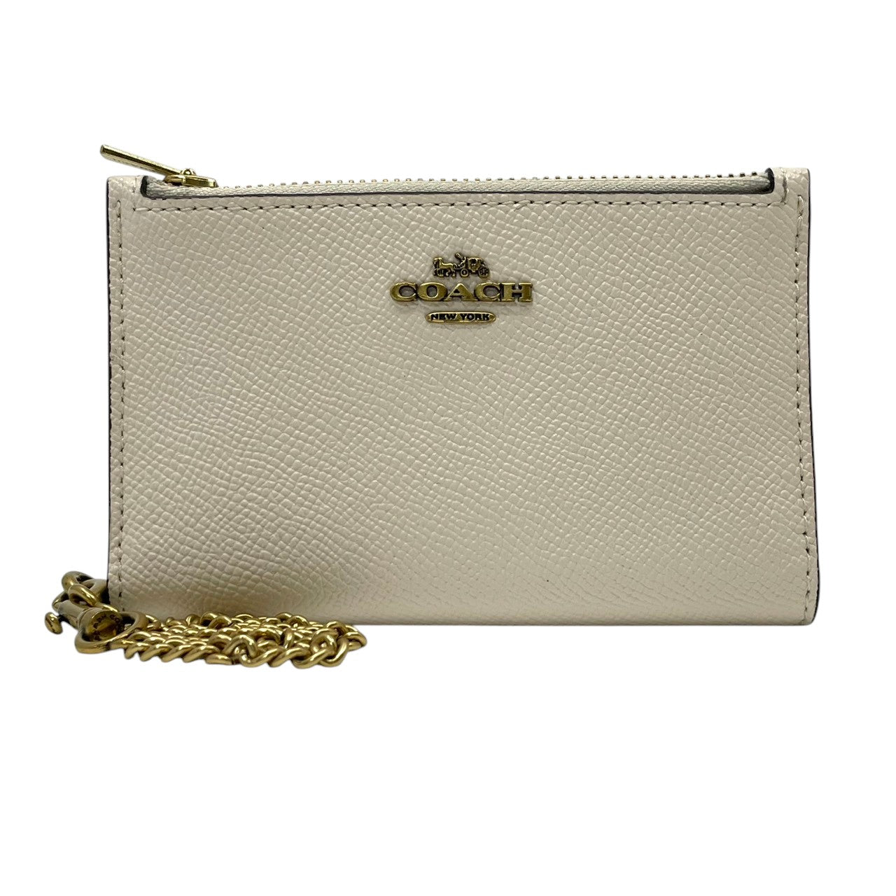 美品 コーチ COACH ミディアム コーナー ジップ ウォレット 二つ折り財布 クロスグレイン レザー 本革 アイボリー ゴールド金具 ロゴ金具 チェーン付き 札入れ 小銭入れ カード収納 コンパクト 上品 レディース 日常使い 収納力 M2