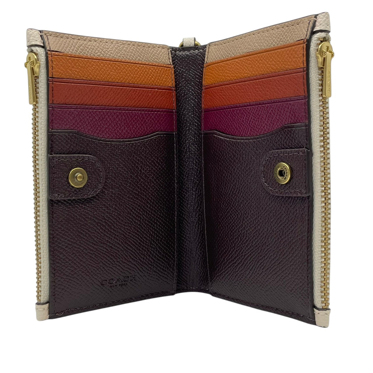 美品 コーチ COACH ミディアム コーナー ジップ ウォレット 二つ折り財布 クロスグレイン レザー 本革 アイボリー ゴールド金具 ロゴ金具 チェーン付き 札入れ 小銭入れ カード収納 コンパクト 上品 レディース 日常使い 収納力 M2