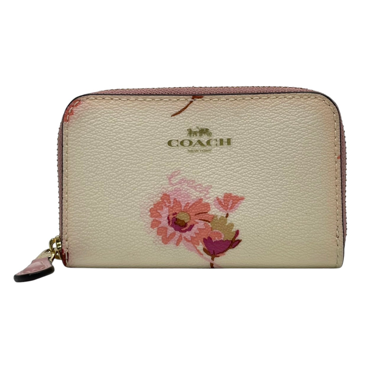 美品 コーチ COACH ラウンドファスナー長財布 フローラル 花柄 レザー 本革 アイボリー ピンク ゴールド金具 総柄 ロゴ ジップウォレット ロングウォレット カード収納 小銭入れ レディース 上品 華やか コンパクト収納 F87796 M2