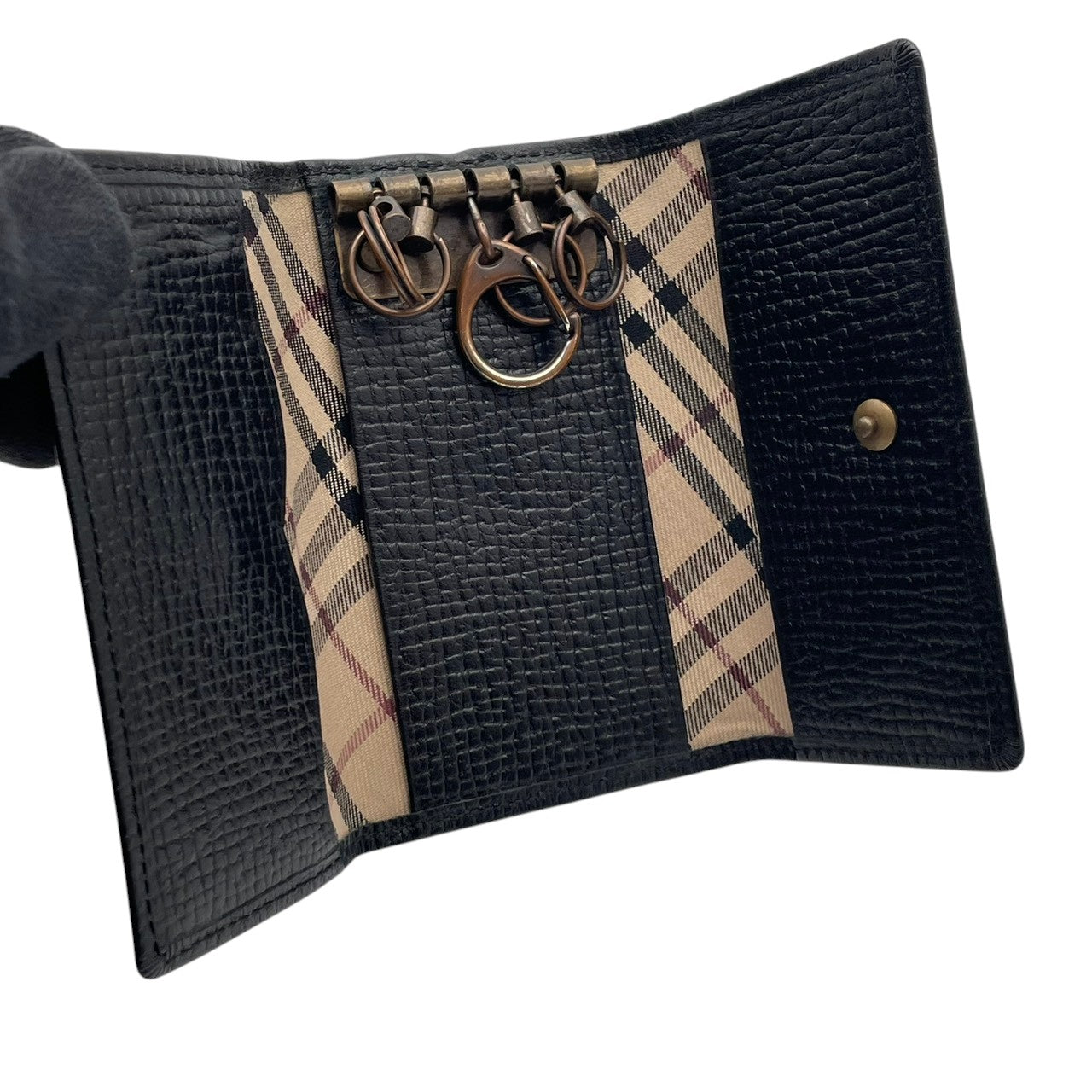【良品】 バーバリー BURBERRY キーケース 5連 レザー 本革 ブラック 黒 ゴールド金具 ロゴ プレート シンプル ビジネス クラシック エレガント 上品 鍵 収納 メンズ レディース ユニセックス 定番 人気 希少 アイテム ギフト M2