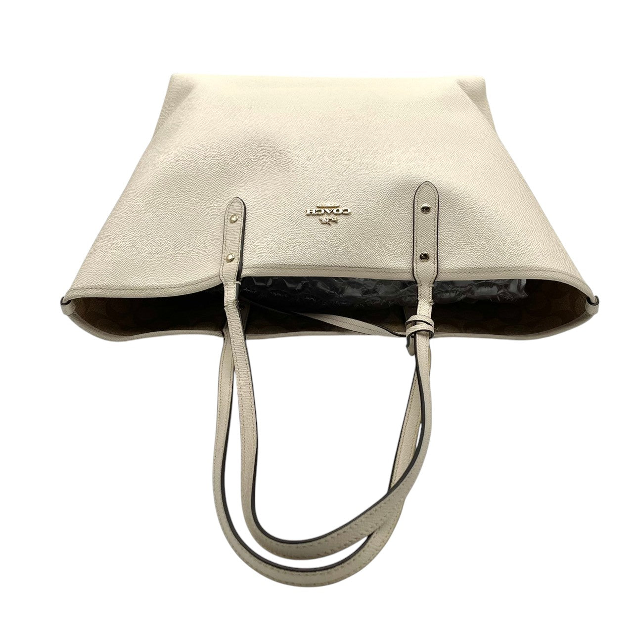 【良品】 コーチ COACH トートバッグ シグネチャー PVC レザー アイボリー ホワイト A4収納可能 大容量 肩掛け可 ワンショルダー 自立可 エレガント クラシック ビンテージ 通勤 通学 お出かけ 普段使い レディース 定番 人気 希少 S3