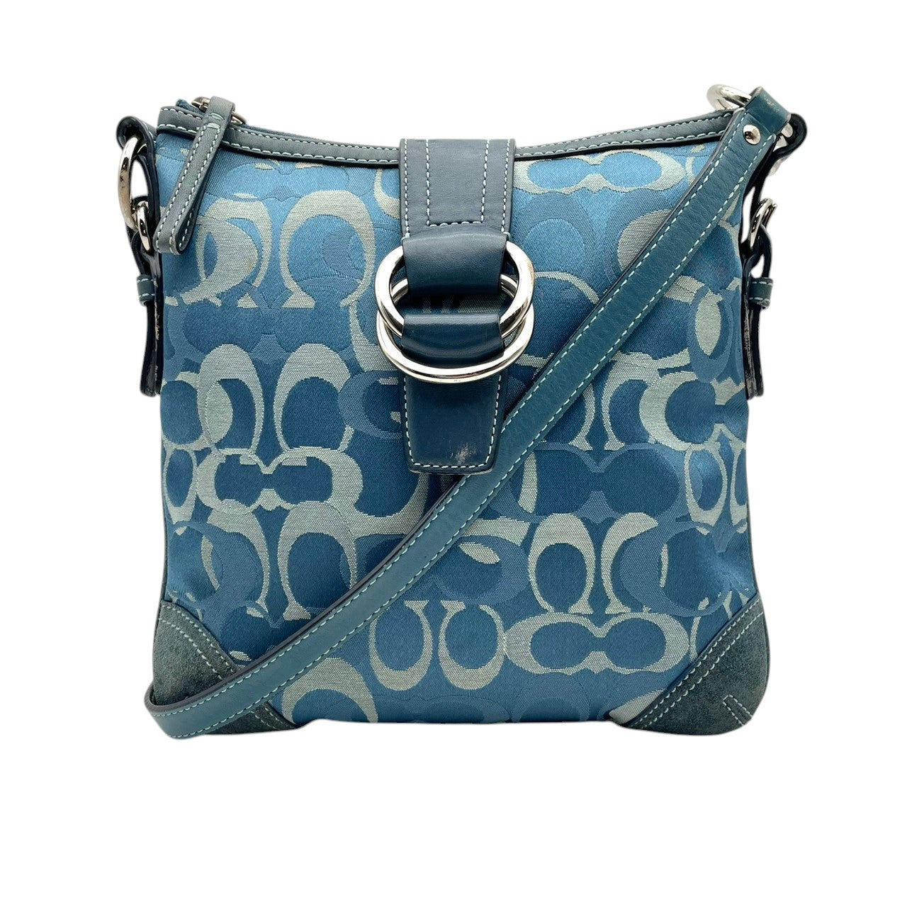 コーチ COACH ショルダーバッグ 斜め掛け可 シグネチャー キャンバス スウェード レザー 青 ブルー シルバー金具 クロスボディ 肩掛け 鞄 カバン ロゴ リングモチーフ エレガント クラシック ヴィンテージ レディース お出かけ トラベル 旅行 S3