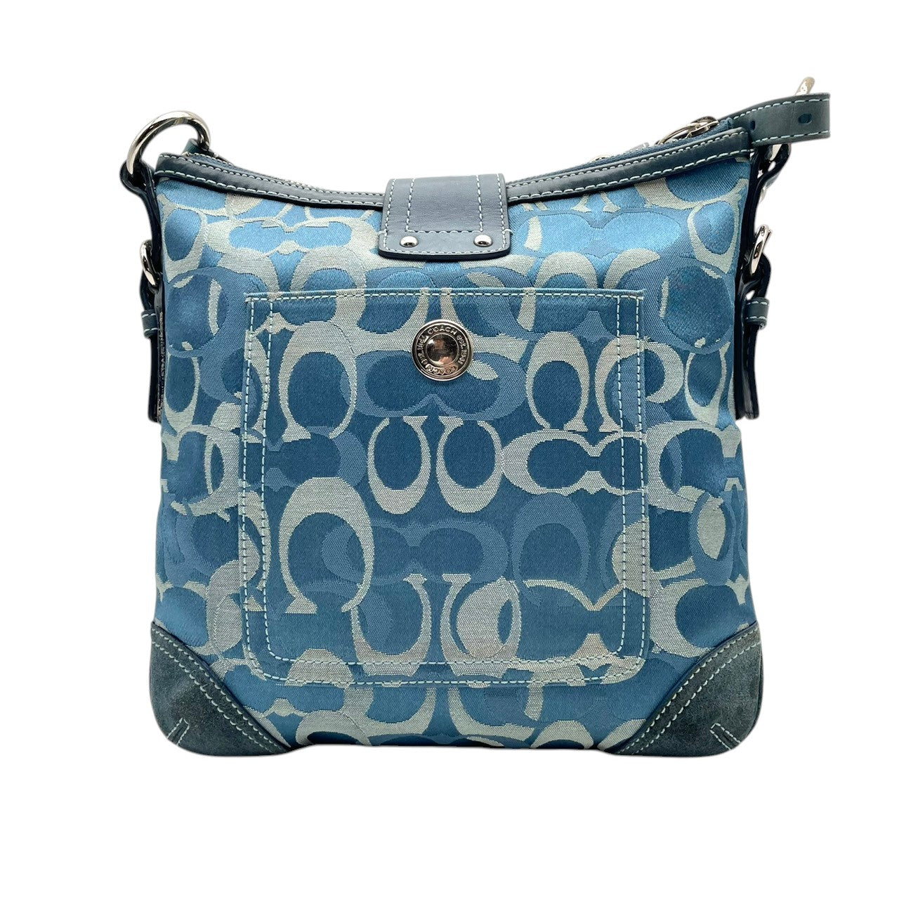 コーチ COACH ショルダーバッグ 斜め掛け可 シグネチャー キャンバス スウェード レザー 青 ブルー シルバー金具 クロスボディ 肩掛け 鞄 カバン ロゴ リングモチーフ エレガント クラシック ヴィンテージ レディース お出かけ トラベル 旅行 S3