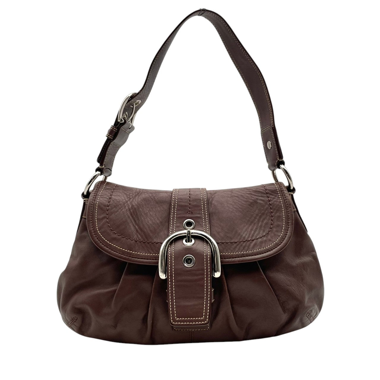 良品 コーチ COACH ソーホー ショルダーバッグ ワンショルダーバッグ レザー 本革 ブラウン 茶色 シルバー金具 F15204 大きめバックル フラップ エレガント クラシック カジュアル 肩掛け お出かけ 普段使い デイリーユース レディース 自立可 S3