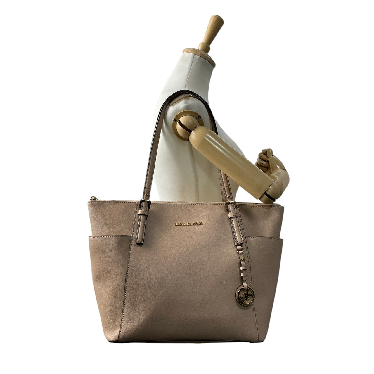 美品 マイケルコース MICHAEL KORS ジェットセット トラベル トートバッグ レザー ピンクベージュ ゴールド金具 ファスナー開閉 肩掛け A4 エレガント 通勤 通学 レディース 30F4GTTT9L S3