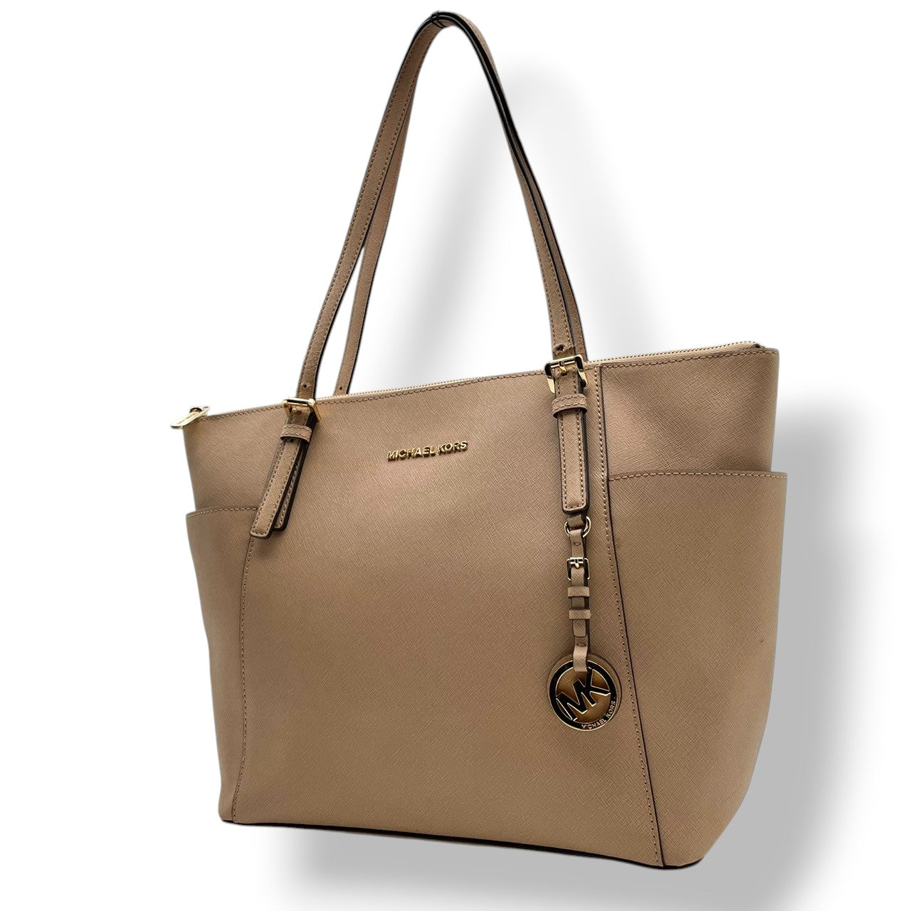 美品 マイケルコース MICHAEL KORS ジェットセット トラベル トートバッグ レザー ピンクベージュ ゴールド金具 ファスナー開閉 肩掛け A4 エレガント 通勤 通学 レディース 30F4GTTT9L S3