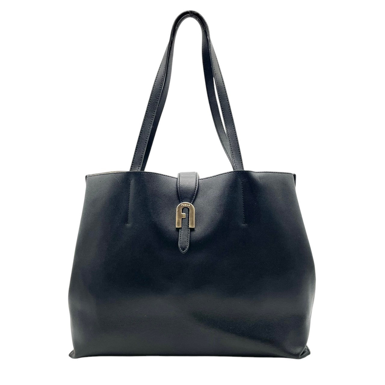 良品 フルラ FURLA トートバッグ ショルダーバッグ レザー ブラック 黒 ゴールド金具 ロゴチャーム 肩掛け A4収納可 大容量 エレガント ビジネス 通勤 通学 デイリーユース レディース 鞄 カバン S79