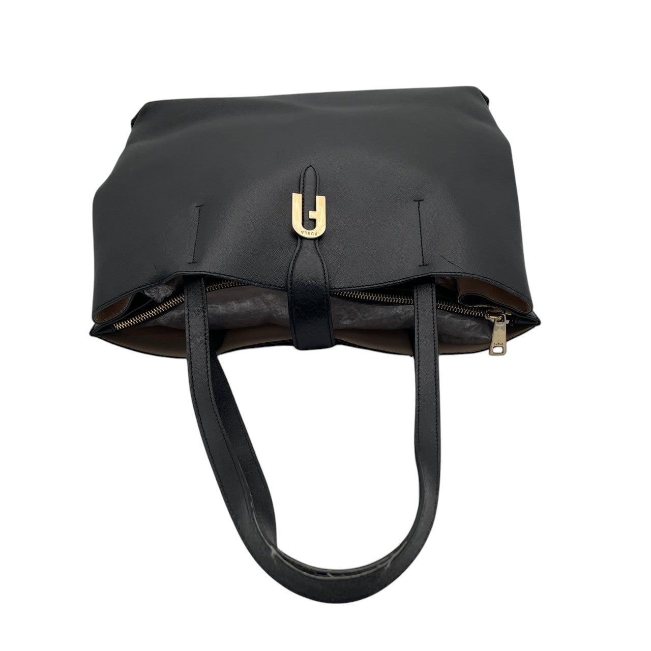 良品 フルラ FURLA トートバッグ ショルダーバッグ レザー ブラック 黒 ゴールド金具 ロゴチャーム 肩掛け A4収納可 大容量 エレガント ビジネス 通勤 通学 デイリーユース レディース 鞄 カバン S79
