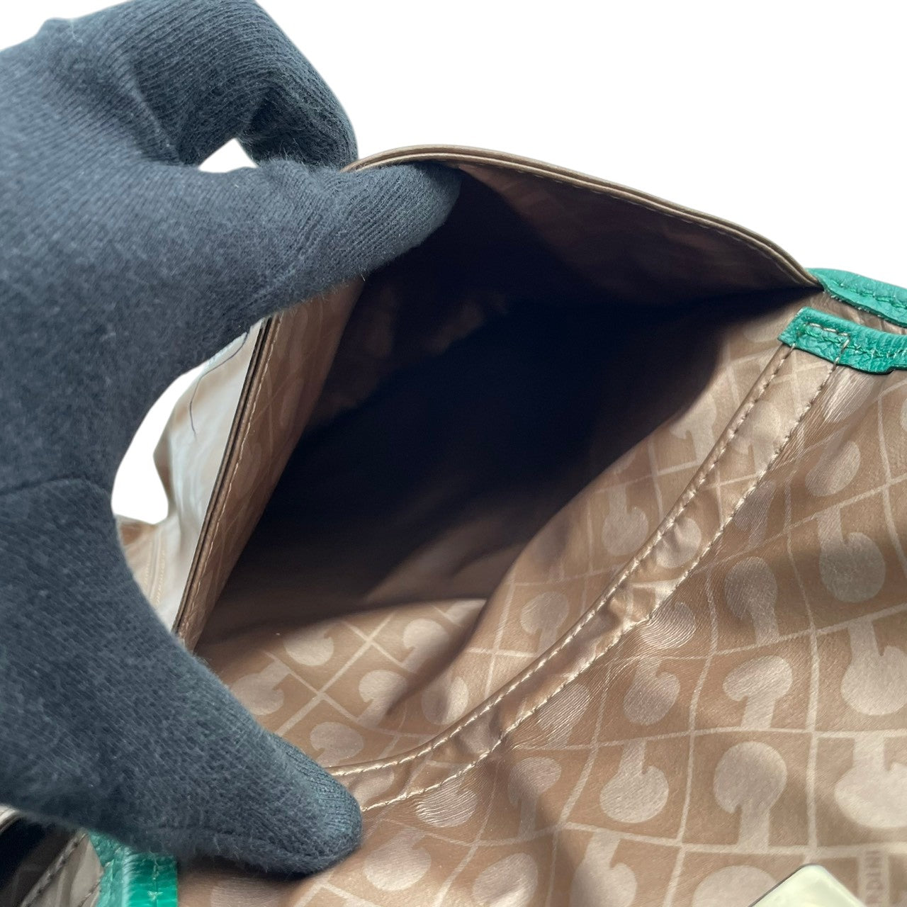 美品 ゲラルディーニ GHERARDINI ソフティ トートバッグ ナイロン ブラウングリーン モノグラム 総柄 軽量 大容量 肩掛け A4 エレガント お出かけ デイリーユース 通勤 レディース 鞄 カバン S79