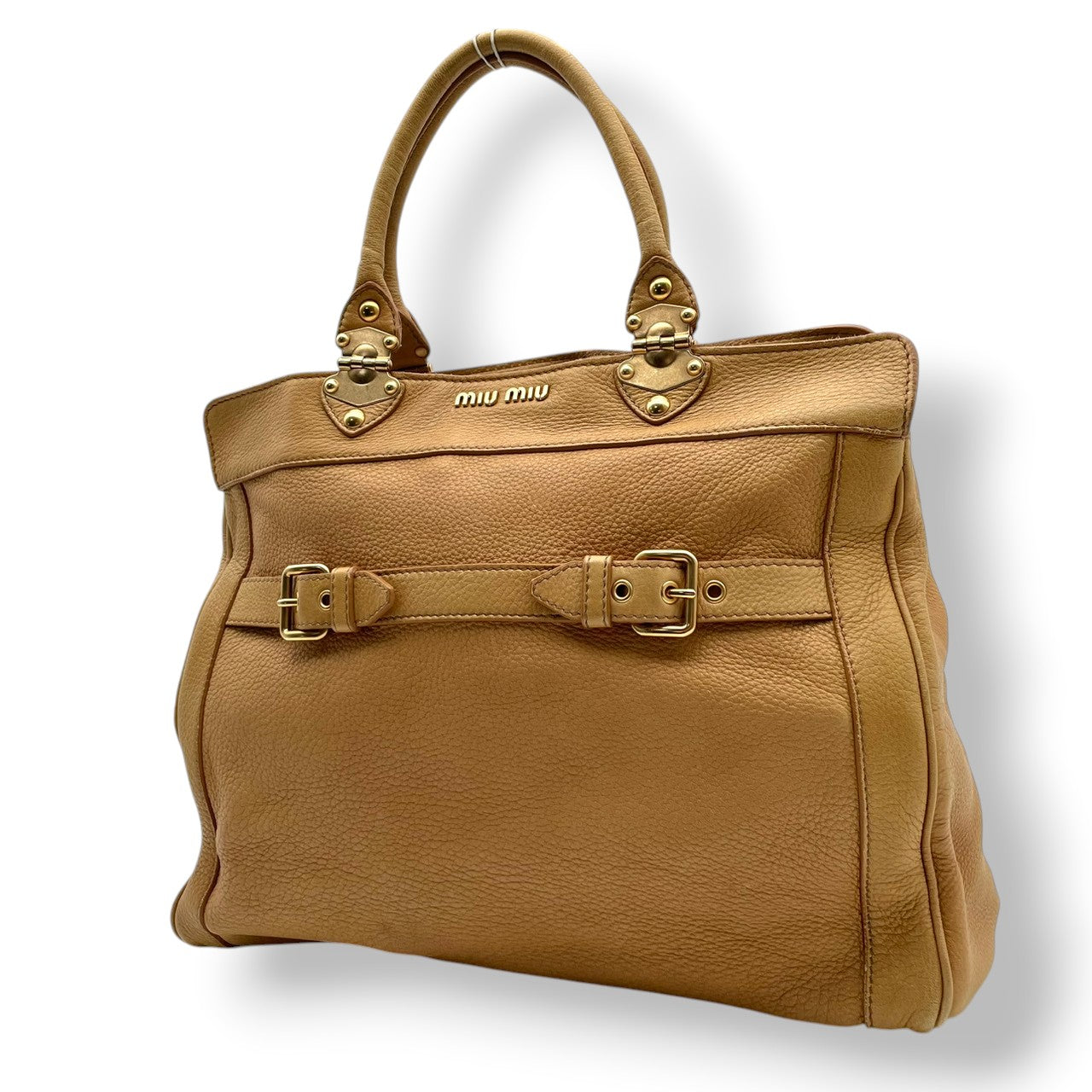 良品 ミュウミュウ miumiu フィオッコ ハンドバッグ トートバッグ レザー ベージュ サイドリボン ゴールド金具 エレガント お出かけ 通勤 通学 レディース 鞄 カバン S62