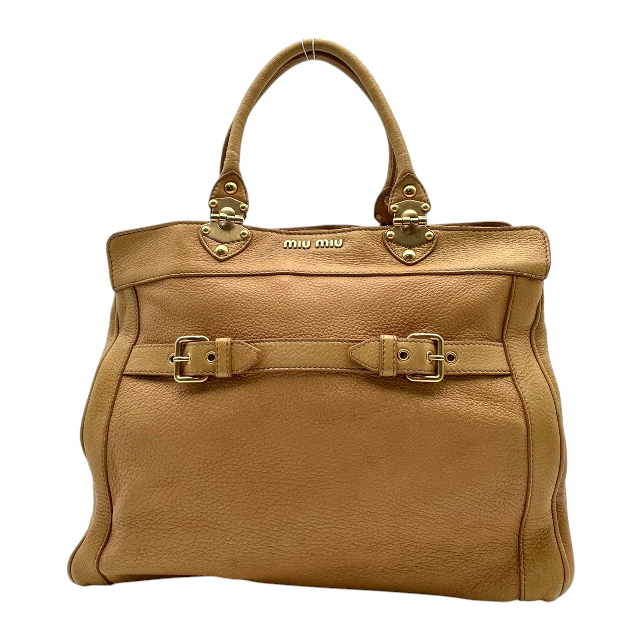 良品 ミュウミュウ miumiu フィオッコ ハンドバッグ トートバッグ レザー ベージュ サイドリボン ゴールド金具 エレガント お出かけ 通勤 通学 レディース 鞄 カバン S62