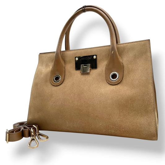 良品 ジミーチュウ JIMMY CHOO ライリー RILEY 2WAYバッグ ハンドバッグ ショルダーバッグ スウェード レザー ベージュ ゴールド金具 JCロゴ チャーム 斜め掛け 肩掛け エレガント 上品 お出かけ レディース S62