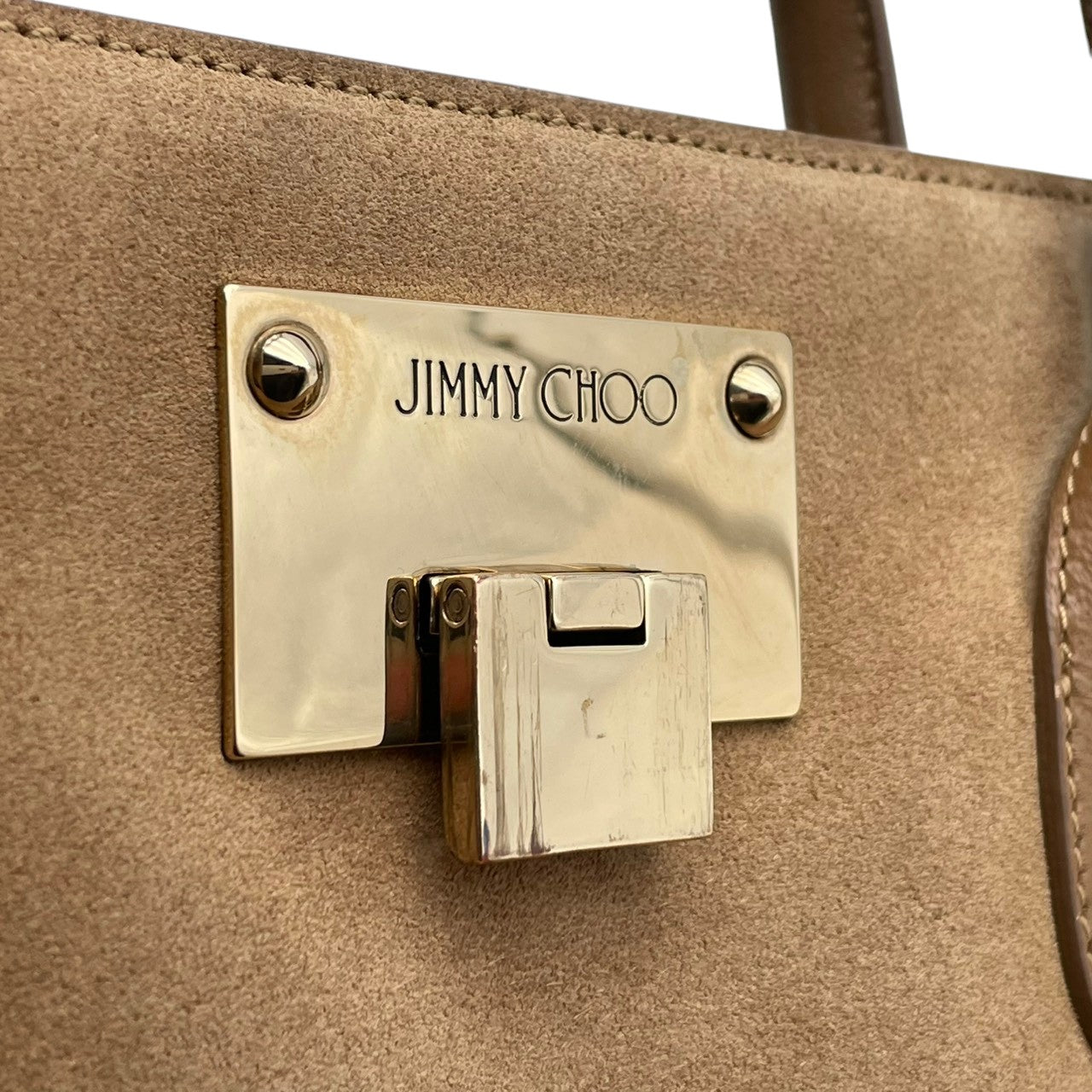 良品 ジミーチュウ JIMMY CHOO ライリー RILEY 2WAYバッグ ハンドバッグ ショルダーバッグ スウェード レザー ベージュ ゴールド金具 JCロゴ チャーム 斜め掛け 肩掛け エレガント 上品 お出かけ レディース S62