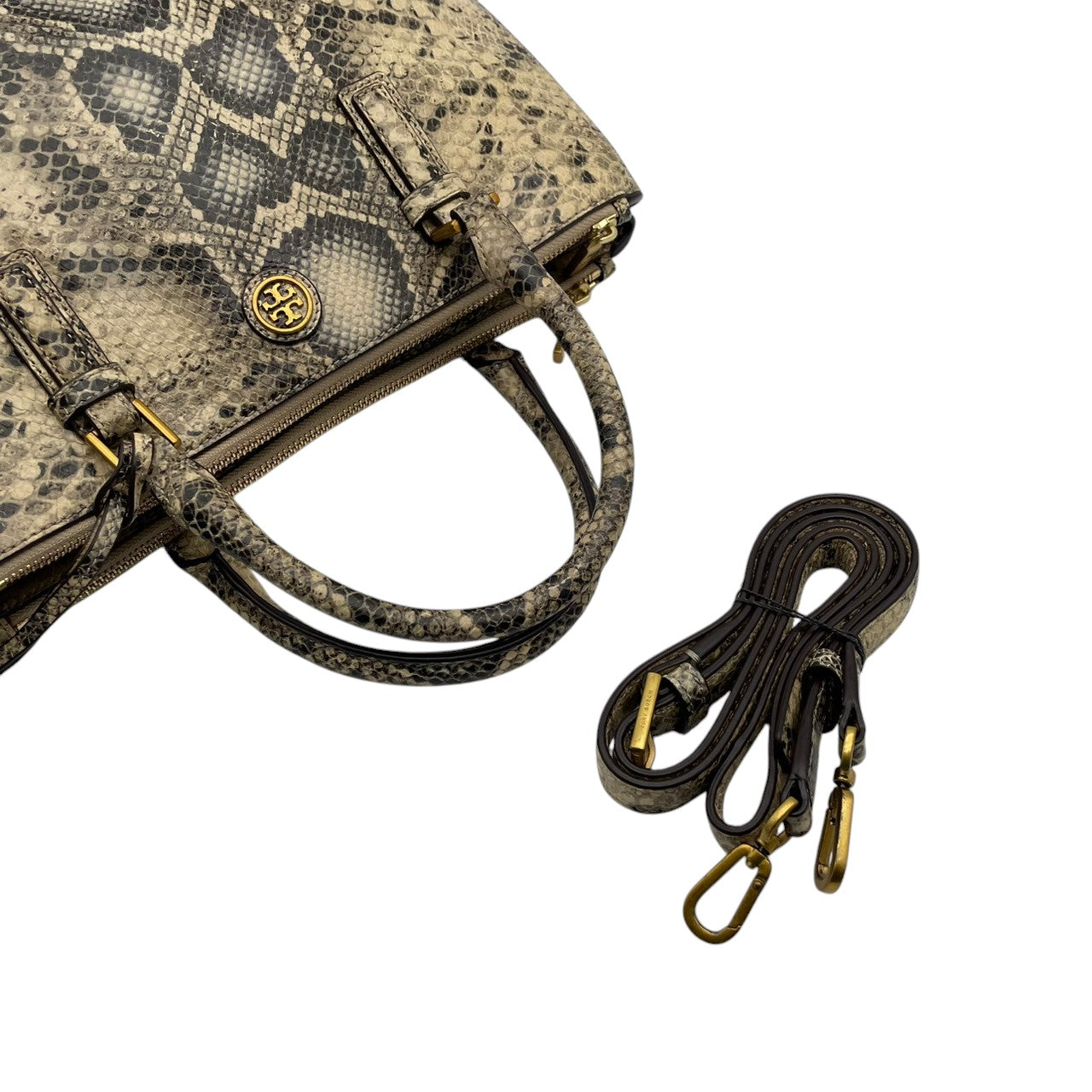 【美品】TORY BURCH トリーバーチ 2WAY トートバッグ ショルダーバッグ スネーク柄 ヘビ柄 レザー 本革 ゴールド金具 ロゴ エレガント 上品 高級感 お出かけ 普段使い レディース 大容量 S62