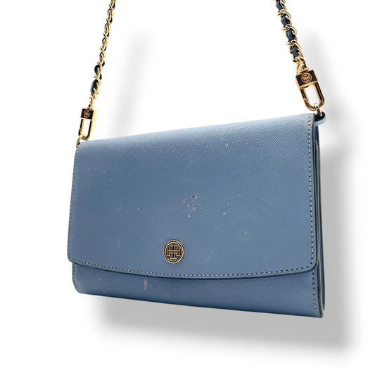 トリーバーチ TORY BURCH ショルダーバッグ チェーンバッグ クラッチ 2WAY 斜め掛け ポシェット ミニバッグ ウォレット レザー 本革 水色 ブルー ライトブルー ゴールド金具 ロゴ レディース エレガント 上品 お出かけ S64