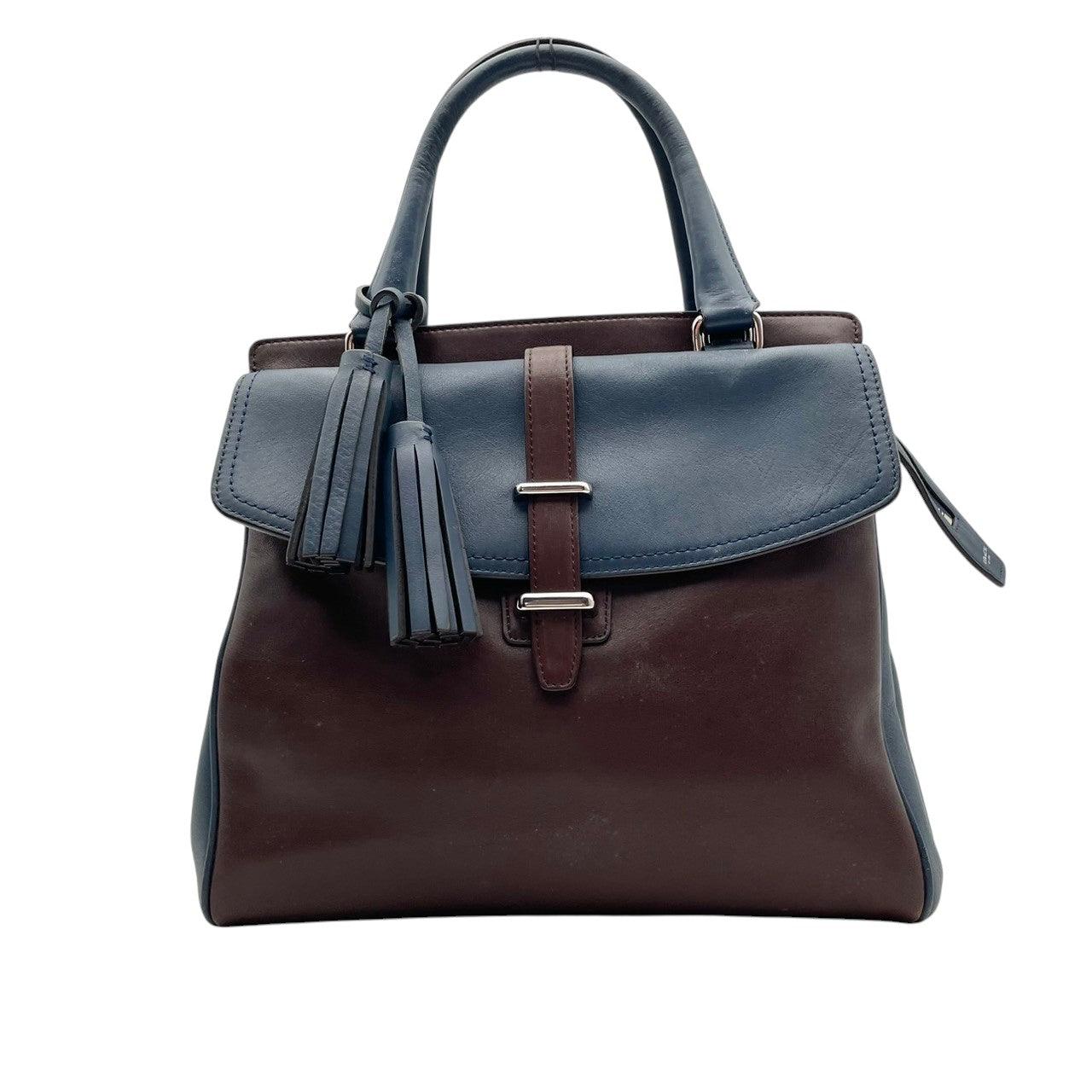 コーチ COACH レガシー ノースサウス サッチェル ハンドバッグ レザー 本革 ブラウン ネイビー バイカラー 26301 F1320 タッセル シルバー金具 フラップ 手持ち トップハンドル レディース 上品 クラシック 日常使い 収納力 S2