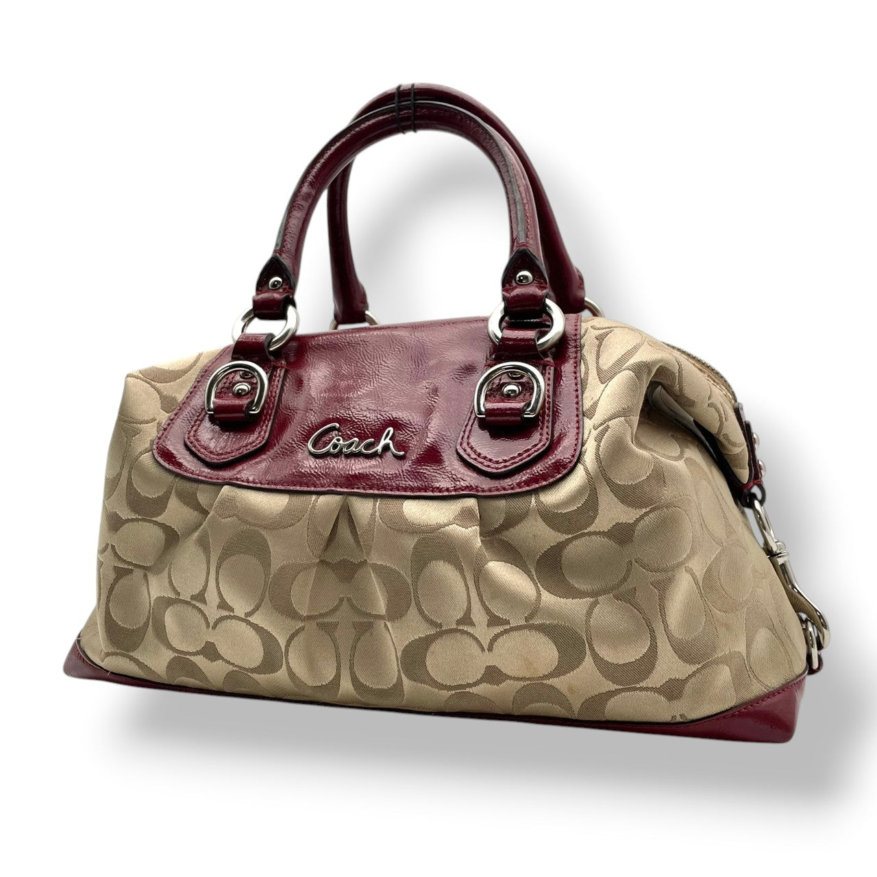 コーチ COACH アシュリー シグネチャー サテン サッチェル ハンドバッグ キャンバス パテントレザー ベージュ ワインレッド 総柄 F15443 J1149 シルバー金具 ロゴ 手持ち レディース 上品 クラシック 日常使い 収納力 S2
