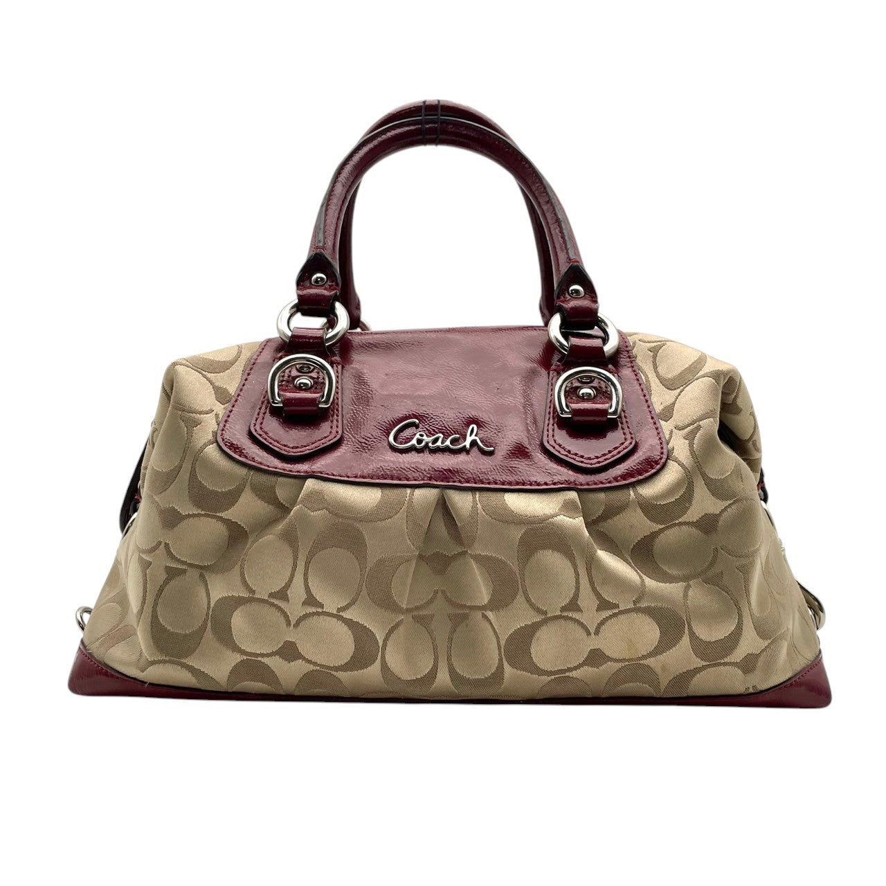 コーチ COACH アシュリー シグネチャー サテン サッチェル ハンドバッグ キャンバス パテントレザー ベージュ ワインレッド 総柄 F15443 J1149 シルバー金具 ロゴ 手持ち レディース 上品 クラシック 日常使い 収納力 S2