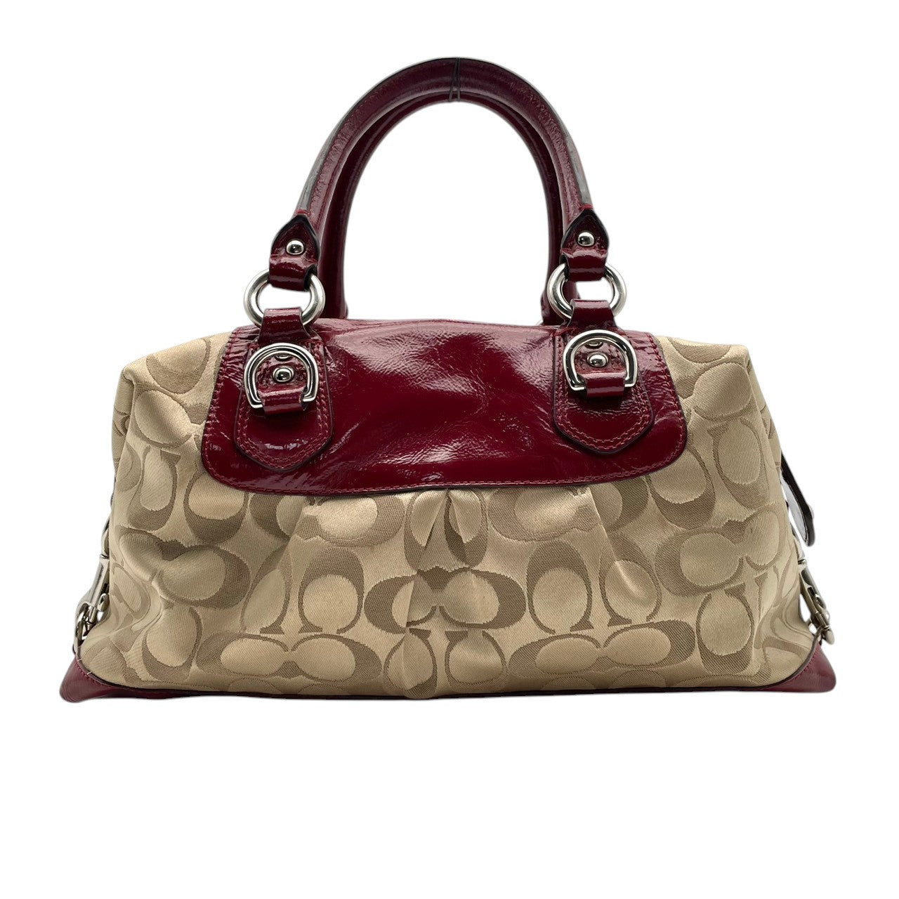 コーチ COACH アシュリー シグネチャー サテン サッチェル ハンドバッグ キャンバス パテントレザー ベージュ ワインレッド 総柄 F15443 J1149 シルバー金具 ロゴ 手持ち レディース 上品 クラシック 日常使い 収納力 S2