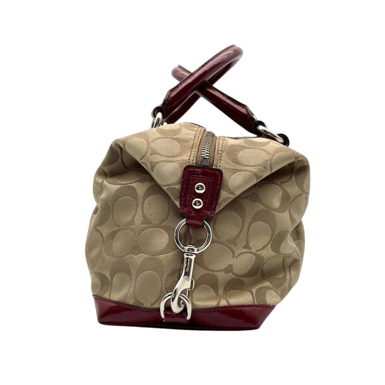 コーチ COACH アシュリー シグネチャー サテン サッチェル ハンドバッグ キャンバス パテントレザー ベージュ ワインレッド 総柄 F15443 J1149 シルバー金具 ロゴ 手持ち レディース 上品 クラシック 日常使い 収納力 S2