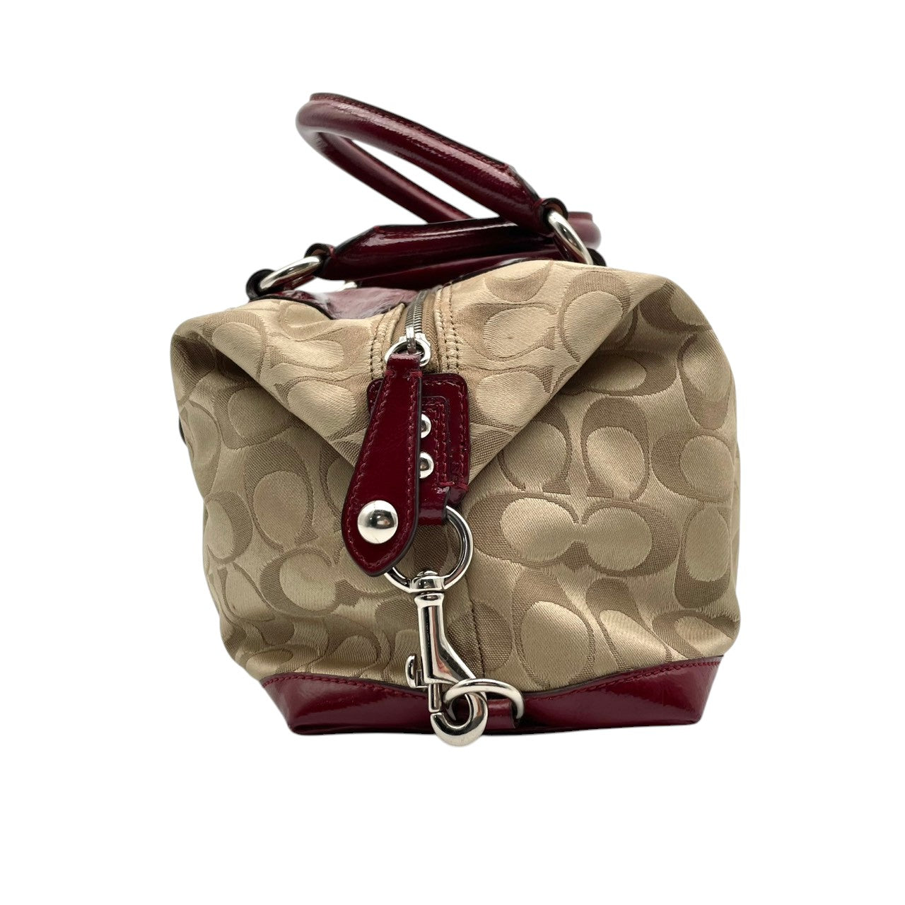 コーチ COACH アシュリー シグネチャー サテン サッチェル ハンドバッグ キャンバス パテントレザー ベージュ ワインレッド 総柄 F15443 J1149 シルバー金具 ロゴ 手持ち レディース 上品 クラシック 日常使い 収納力 S2