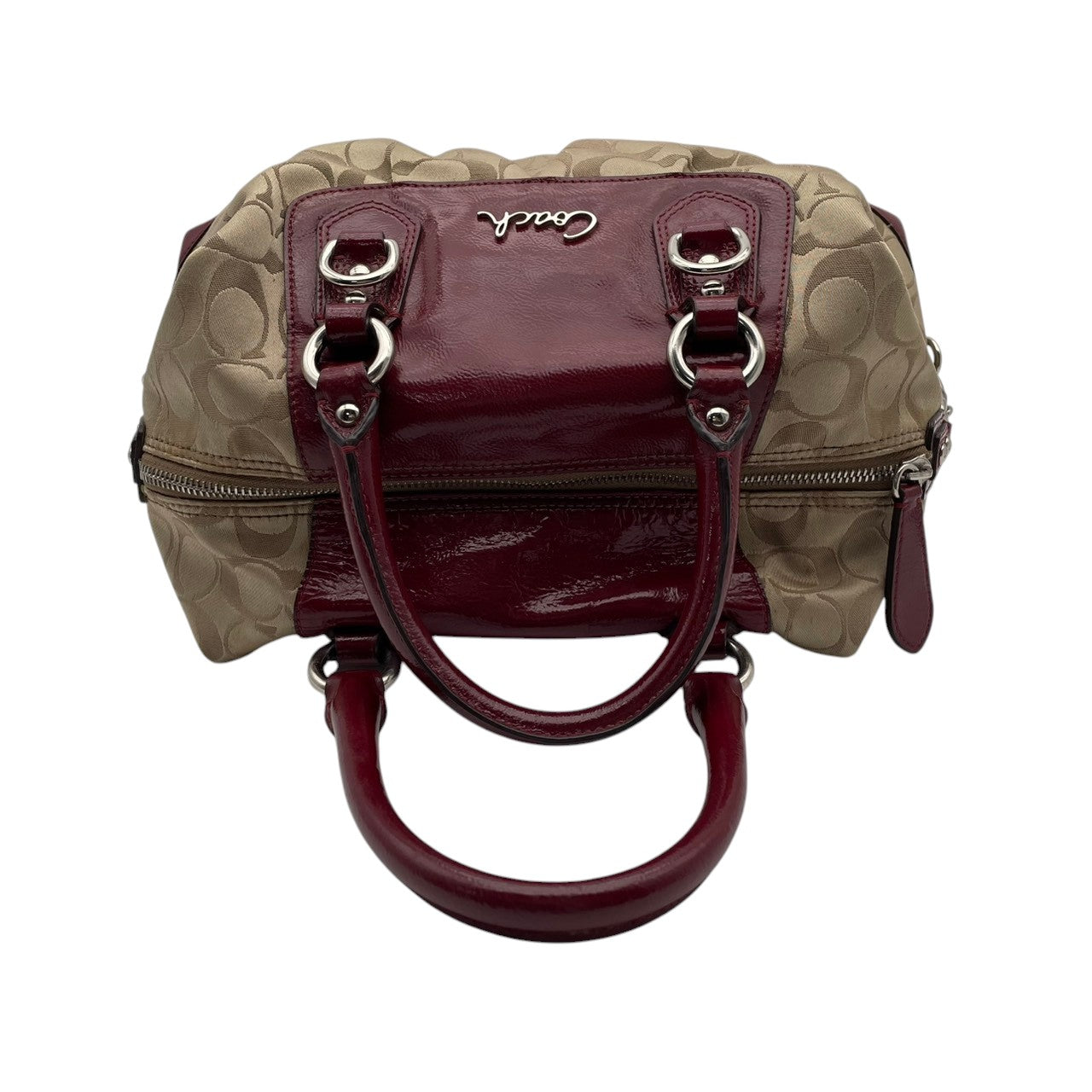 コーチ COACH アシュリー シグネチャー サテン サッチェル ハンドバッグ キャンバス パテントレザー ベージュ ワインレッド 総柄 F15443 J1149 シルバー金具 ロゴ 手持ち レディース 上品 クラシック 日常使い 収納力 S2