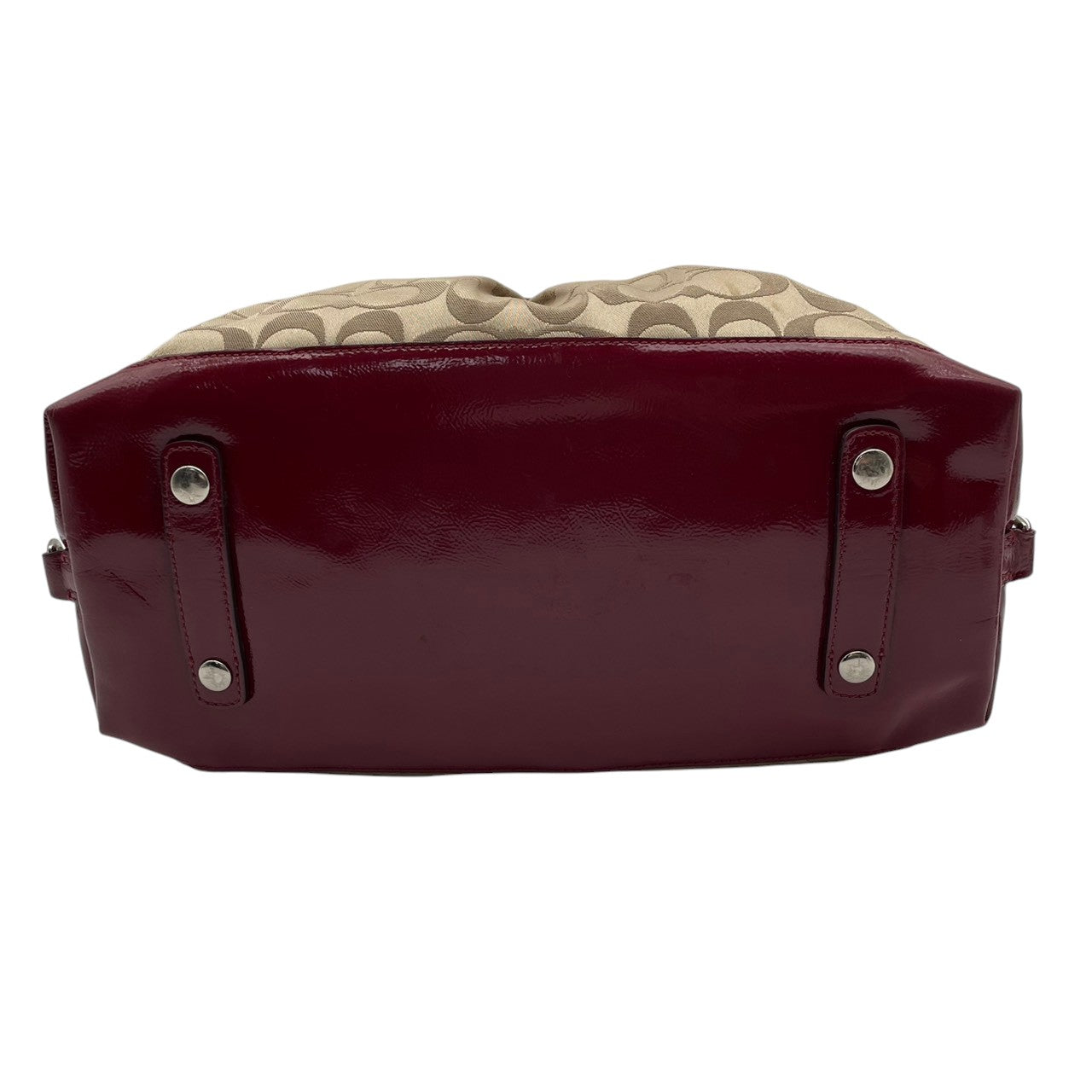コーチ COACH アシュリー シグネチャー サテン サッチェル ハンドバッグ キャンバス パテントレザー ベージュ ワインレッド 総柄 F15443 J1149 シルバー金具 ロゴ 手持ち レディース 上品 クラシック 日常使い 収納力 S2
