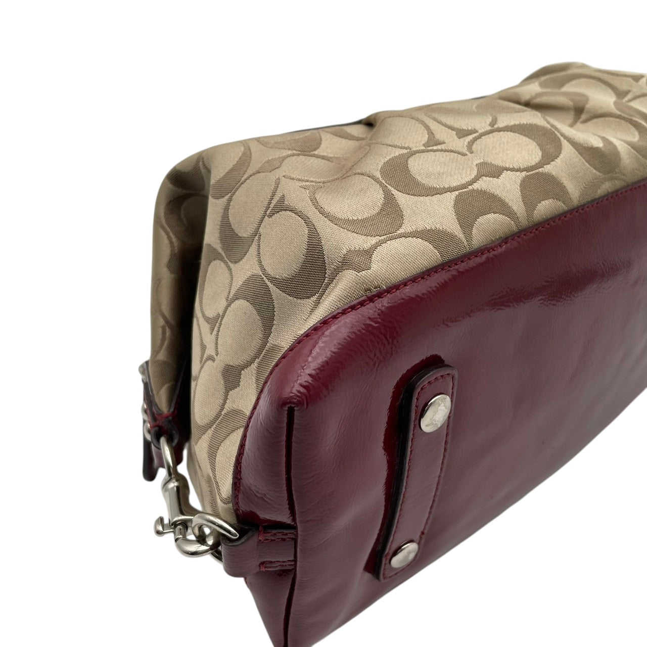 コーチ COACH アシュリー シグネチャー サテン サッチェル ハンドバッグ キャンバス パテントレザー ベージュ ワインレッド 総柄 F15443 J1149 シルバー金具 ロゴ 手持ち レディース 上品 クラシック 日常使い 収納力 S2