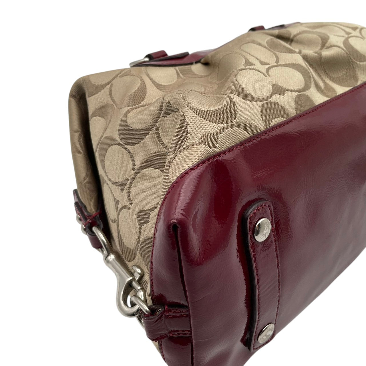 コーチ COACH アシュリー シグネチャー サテン サッチェル ハンドバッグ キャンバス パテントレザー ベージュ ワインレッド 総柄 F15443 J1149 シルバー金具 ロゴ 手持ち レディース 上品 クラシック 日常使い 収納力 S2