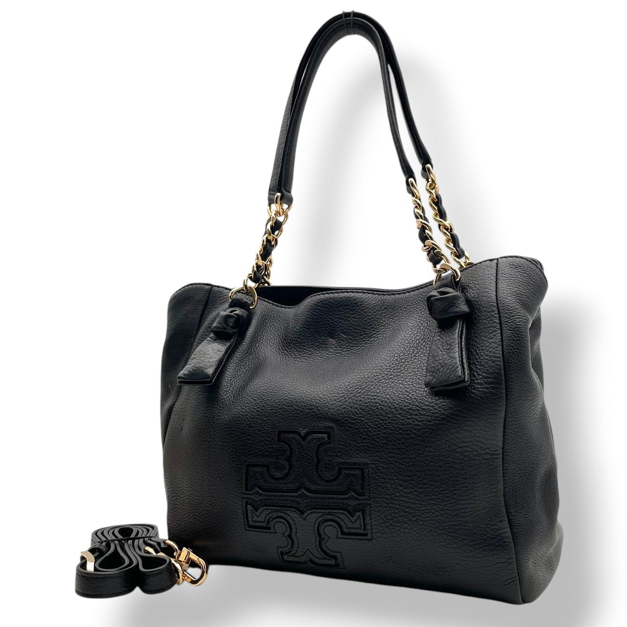 美品 トリーバーチ TORY BURCH テア Thea チェーンストラップ トートバッグ レザー 本革 ブラック 2way ワンショルダー 斜め掛け可 自立可 エンボスロゴ ゴールド金具 収納力 上品 クラシック レディース 日常使い S2