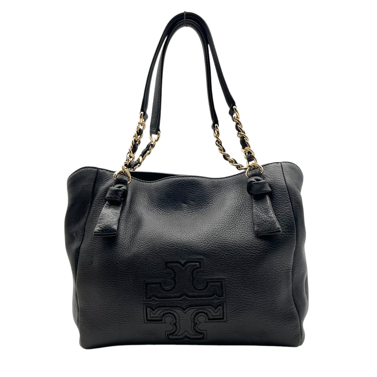 美品 トリーバーチ TORY BURCH テア Thea チェーンストラップ トートバッグ レザー 本革 ブラック 2way ワンショルダー 斜め掛け可 自立可 エンボスロゴ ゴールド金具 収納力 上品 クラシック レディース 日常使い S2
