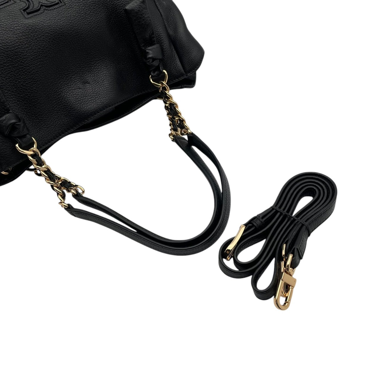 美品 トリーバーチ TORY BURCH テア Thea チェーンストラップ トートバッグ レザー 本革 ブラック 2way ワンショルダー 斜め掛け可 自立可 エンボスロゴ ゴールド金具 収納力 上品 クラシック レディース 日常使い S2