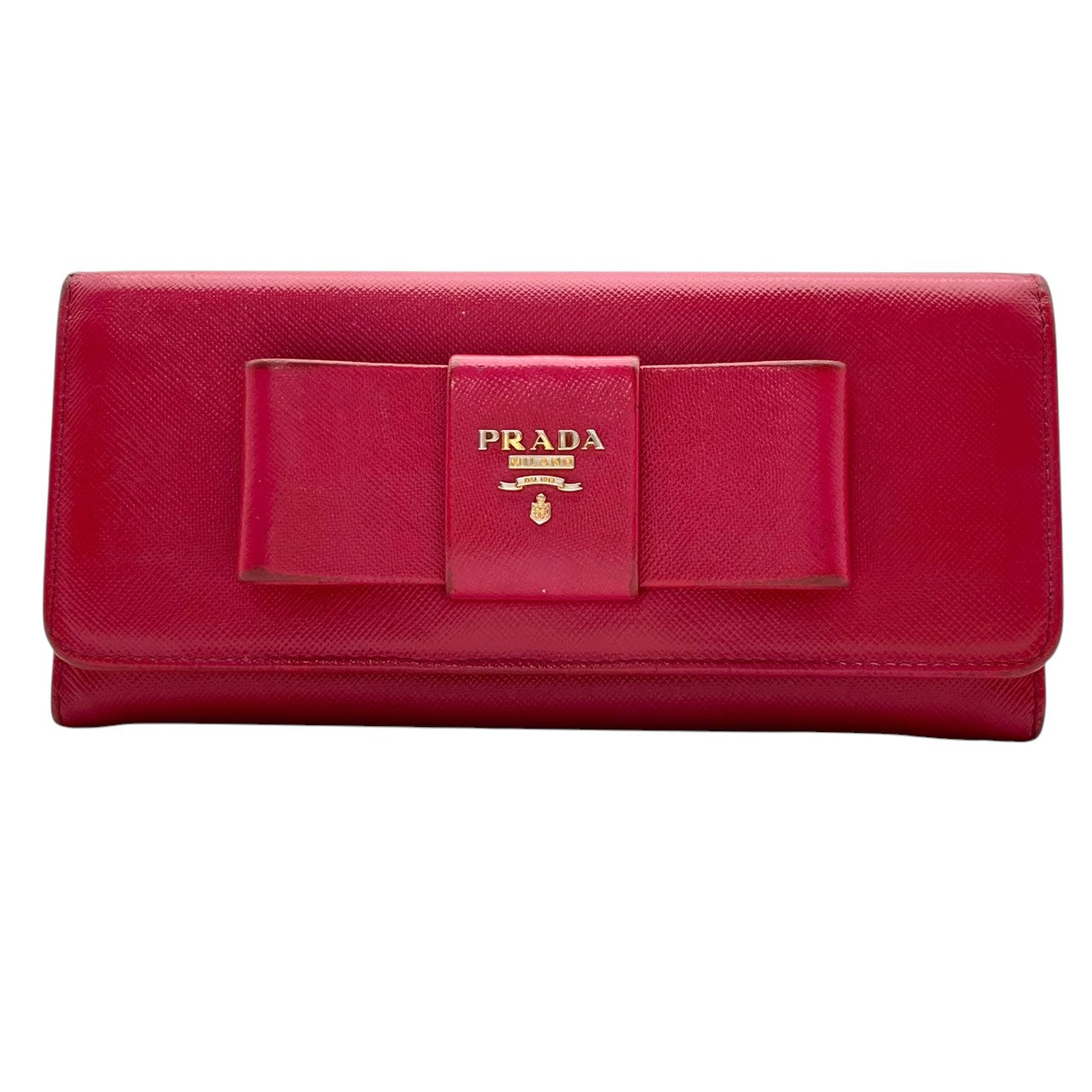 プラダ PRADA サフィアーノ フィオッコ 長財布 レザー 本革 ピンク リボン 1M1132 フラップ 二つ折り ロングウォレット ゴールド金具 ロゴ金具 札入れ 小銭入れ カード収納 レディース 上品 クラシック 日常使い 収納力 M3