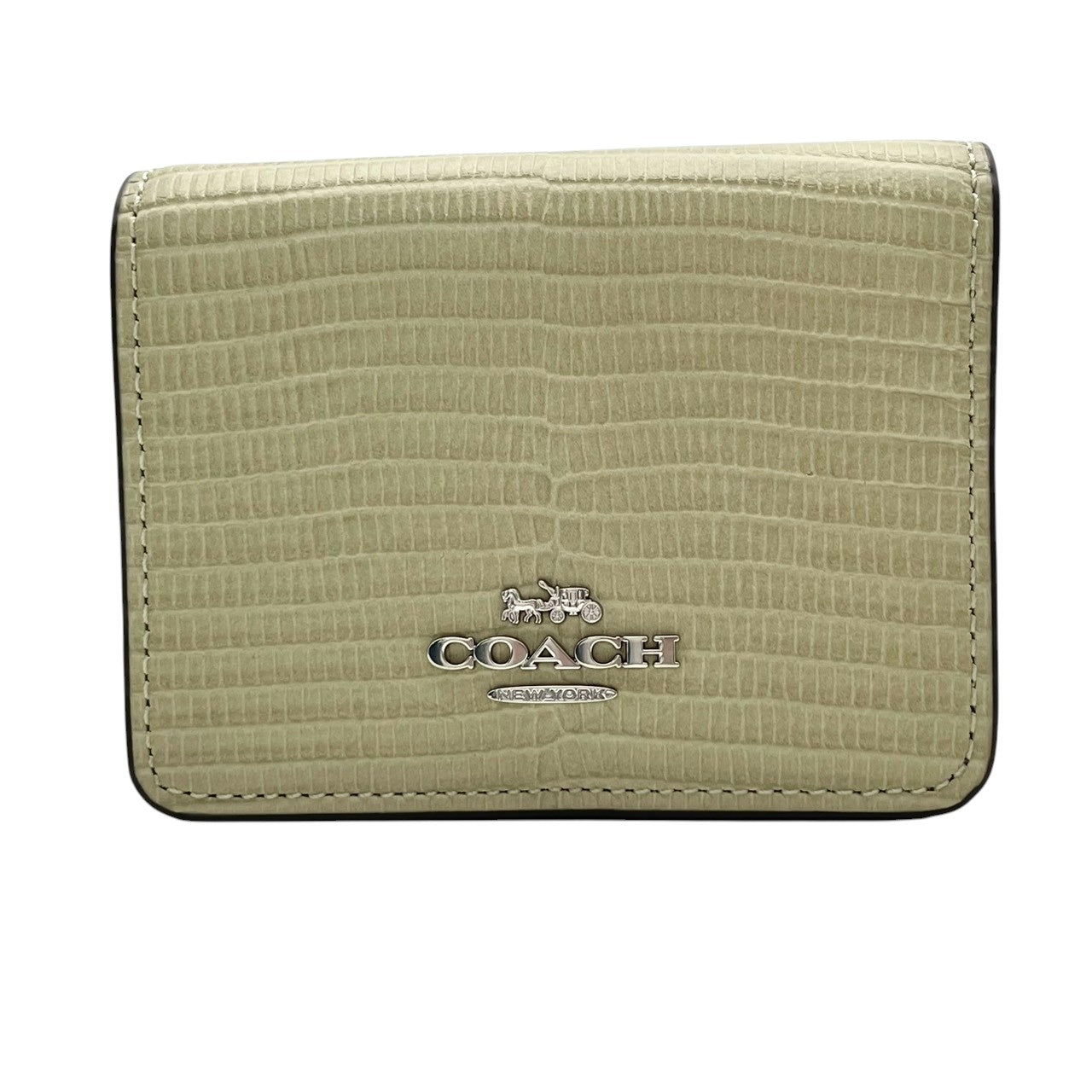 コーチ COACH ミニウォレット オン チェーン CR372 ペールグリーン 型押し レザー 三つ折り財布 チェーン付き シルバー金具 タグ付き レディース カードポケット スナップボタン 外ポケット 小さめ コンパクト 財布 M3