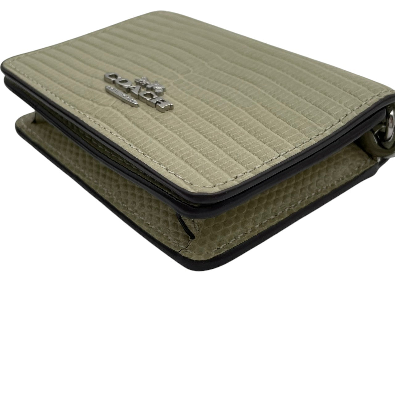 コーチ COACH ミニウォレット オン チェーン CR372 ペールグリーン 型押し レザー 三つ折り財布 チェーン付き シルバー金具 タグ付き レディース カードポケット スナップボタン 外ポケット 小さめ コンパクト 財布 M3