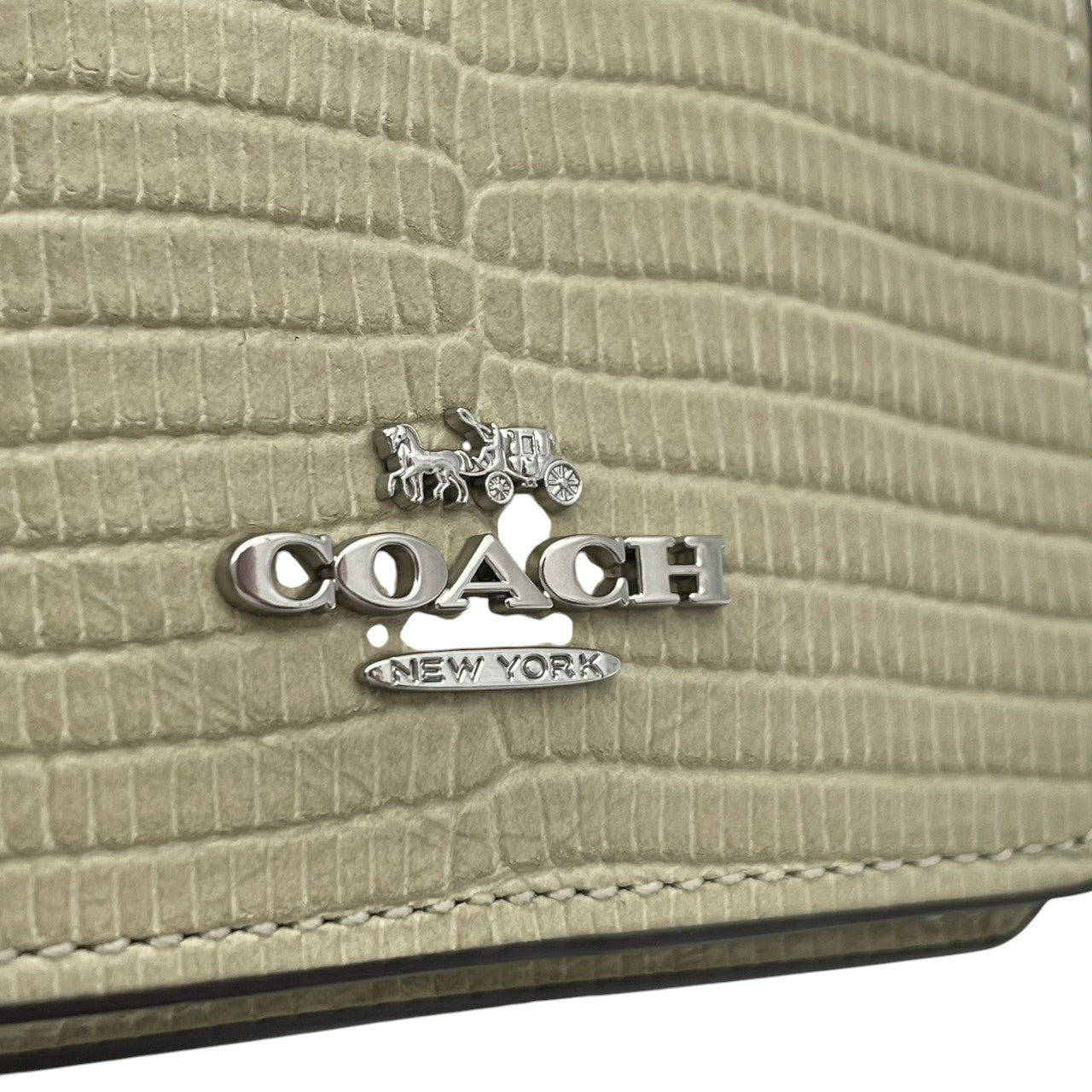 コーチ COACH ミニウォレット オン チェーン CR372 ペールグリーン 型押し レザー 三つ折り財布 チェーン付き シルバー金具 タグ付き レディース カードポケット スナップボタン 外ポケット 小さめ コンパクト 財布 M3