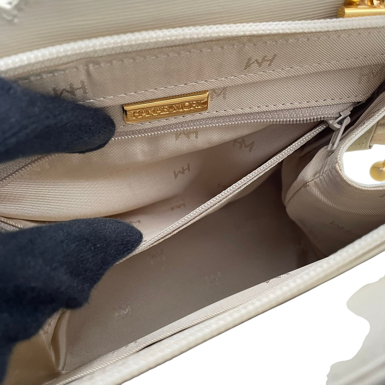 【美品】 ハナエモリ HANAE MORI ハンドバッグ レザー 本革 アイボリー 白 ゴールド金具 リボン 自立可 フォーマル 冠婚葬祭 卒業式 入学式 エレガント クラシック ビンテージ 上品 鞄 レディース お出かけ デイリー 定番 人気 S61