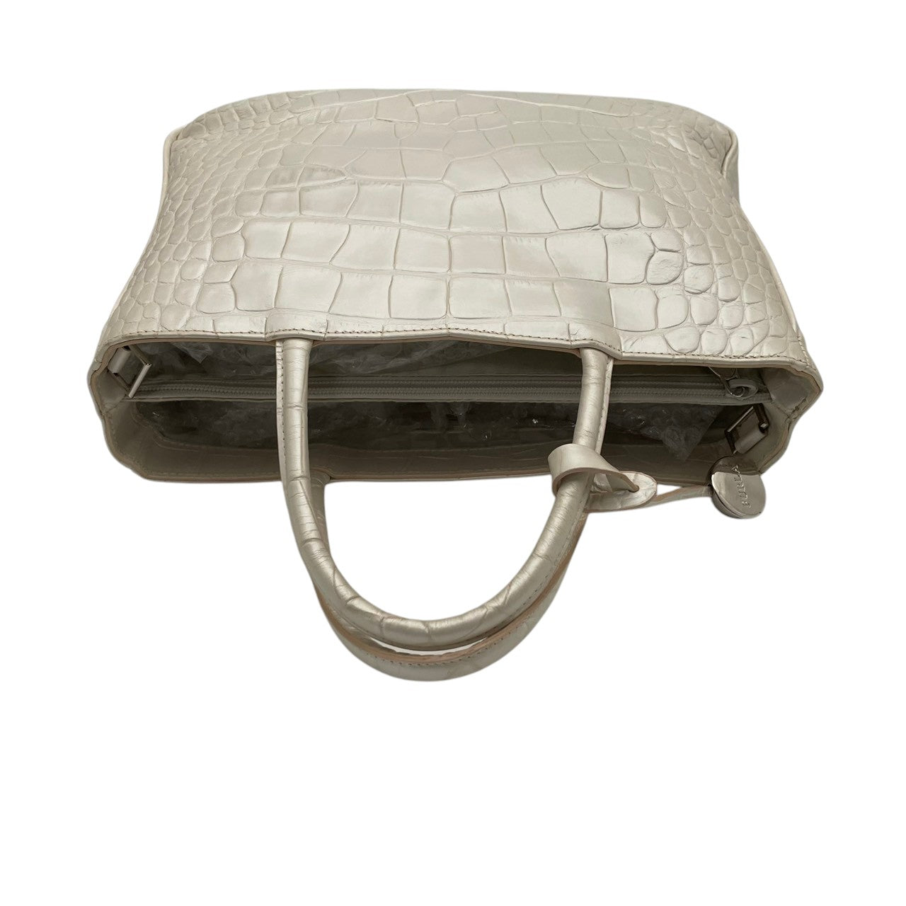 【美品】 フルラ FURLA ハンドバッグ トートバッグ レザー 本革 パールホワイト 白 ゴールド金具 ロゴ 自立可 フォーマル 冠婚葬祭 エレガント クラシック ビンテージ 上品 鞄 通勤 通学 お出かけ デイリー レディース 定番 人気 S61