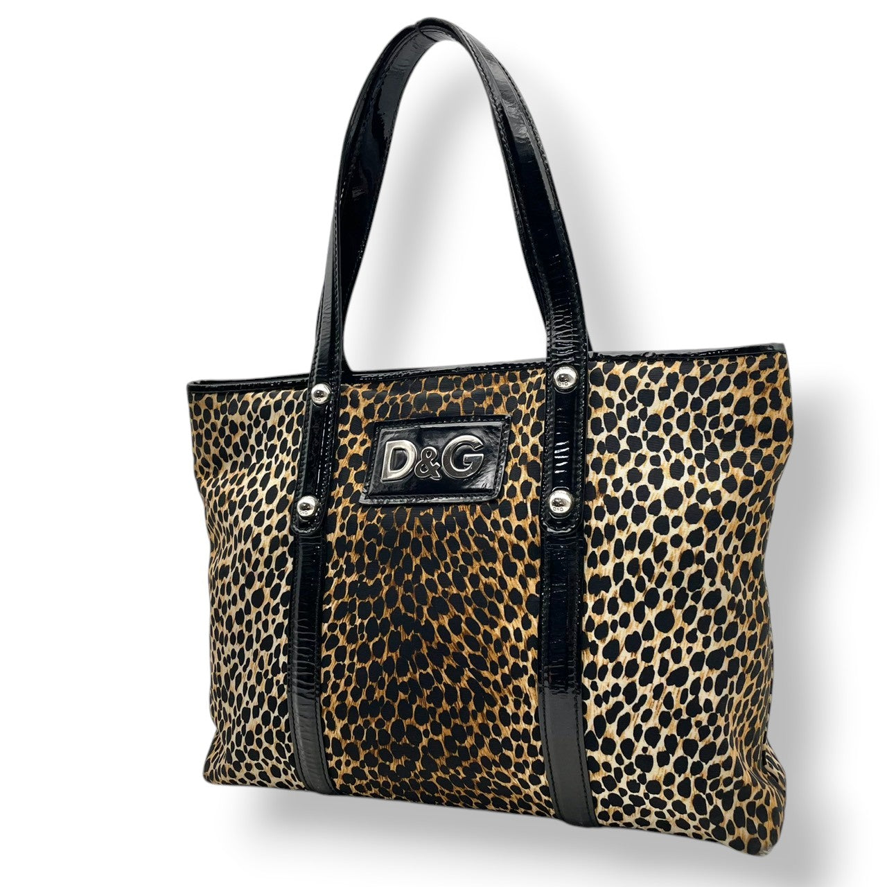 【良品】 ドルチェ＆ガッバーナ DOLCE&GABBANA トートバッグ ナイロン エナメル レオパード柄 ヒョウ柄 ブラウン ブラック 黒 ロゴ プレート 肩掛け A4収納可能 大容量 カジュアル エレガント 鞄 通勤 お出かけ レディース 定番 S59
