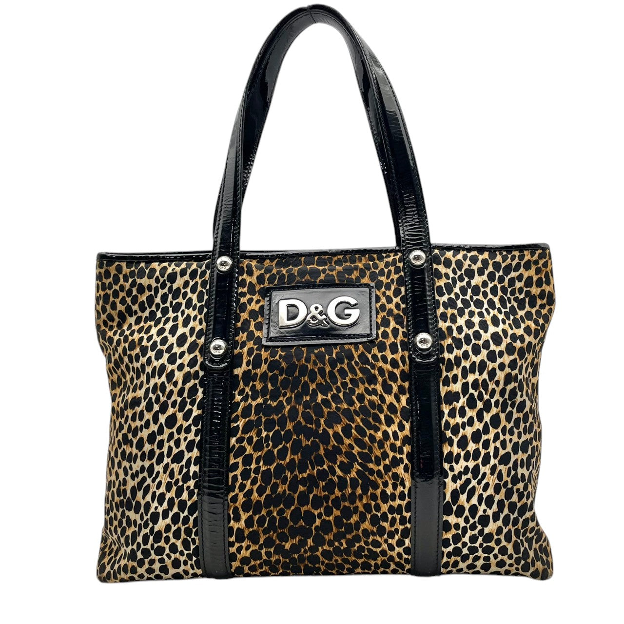 【良品】 ドルチェ＆ガッバーナ DOLCE&GABBANA トートバッグ ナイロン エナメル レオパード柄 ヒョウ柄 ブラウン ブラック 黒 ロゴ プレート 肩掛け A4収納可能 大容量 カジュアル エレガント 鞄 通勤 お出かけ レディース 定番 S59