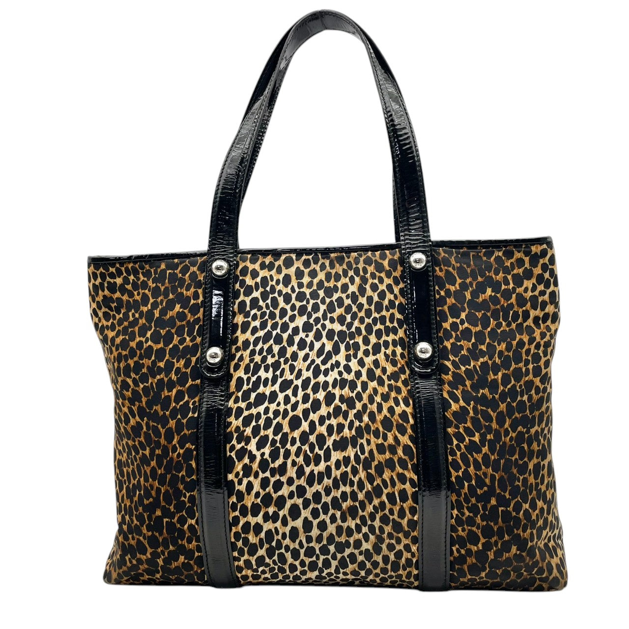 【良品】 ドルチェ＆ガッバーナ DOLCE&GABBANA トートバッグ ナイロン エナメル レオパード柄 ヒョウ柄 ブラウン ブラック 黒 ロゴ プレート 肩掛け A4収納可能 大容量 カジュアル エレガント 鞄 通勤 お出かけ レディース 定番 S59