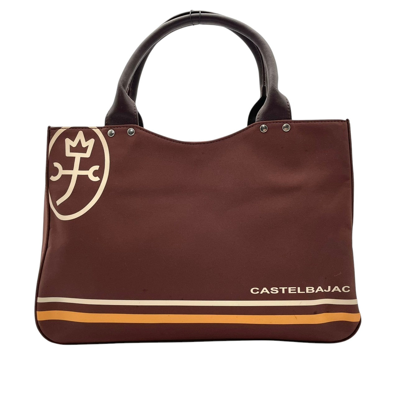 【美品】 カステルバジャック CASTELBAJAC ハンドバッグ ミニボストン トートバッグ ナイロン レザー ブラウン 茶 家紋 ロゴ ステッチ 軽量 カジュアル スポーティ 鞄 お出かけ デイリー メンズ レディース ユニセックス 定番 人気 S60