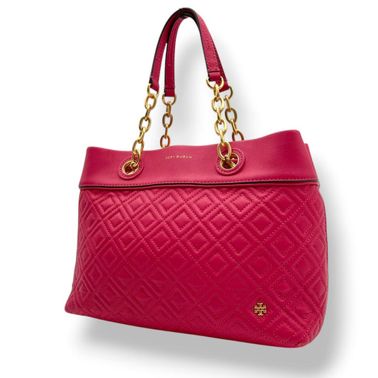 【美品】 トリーバーチ TORY BURCH ハンドバッグ トートバッグ レザー 本革 ピンク デカロゴ ステッチ タッセル チャーム 自立可 軽量 カジュアル エレガント 上品 鞄 お出かけ デイリー レディース 定番 人気 S60