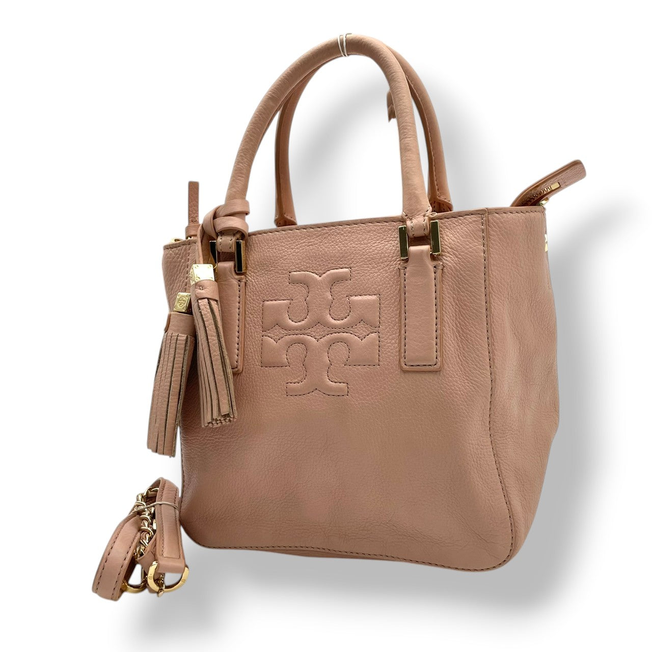 【美品】 トリーバーチ TORY BURCH ティア Thea スモール トートバッグ ハンドバッグ ショルダーバッグ 2WAY レザー 本革 ピンクベージュ ゴールド金具 斜め掛け可 クロスボディ 自立可 エレガント 上品 レディース 定番 人気 S60