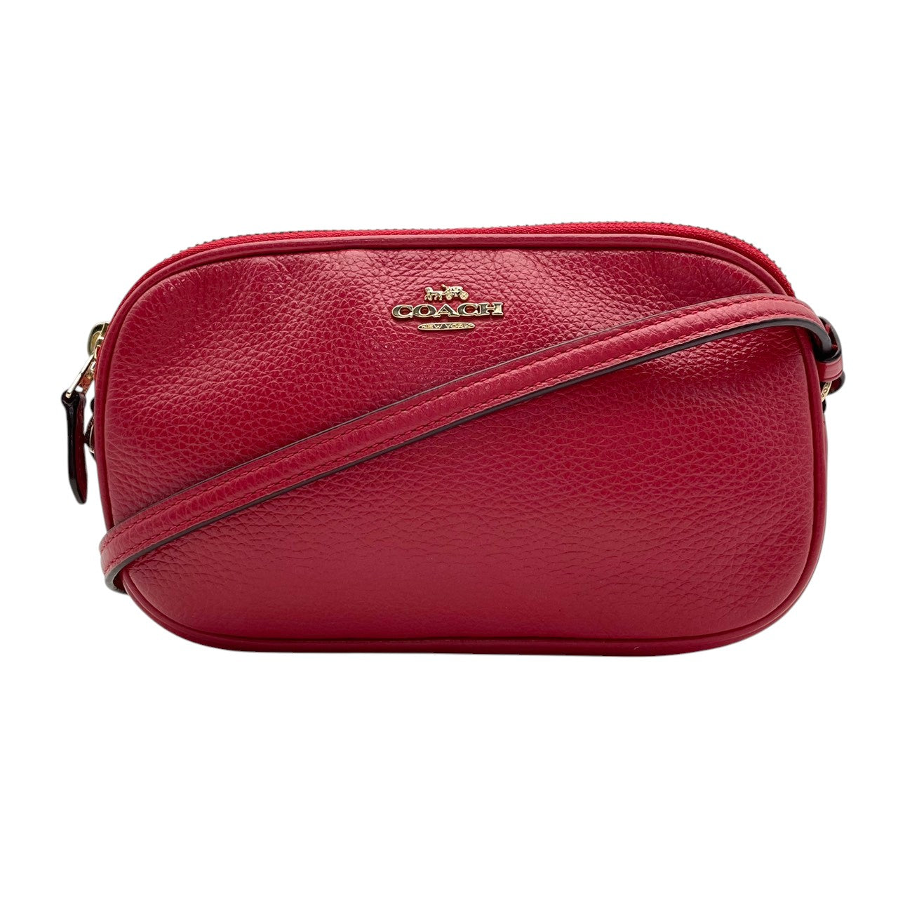 美品 COACH コーチ クロスボディポーチ ショルダーバッグ ピーブルドレザー ワインレッド 赤 レディース ゴールド金具 ダブルジップ コンパクト デイリー お出かけ 斜め掛け 軽量 F30259 s83