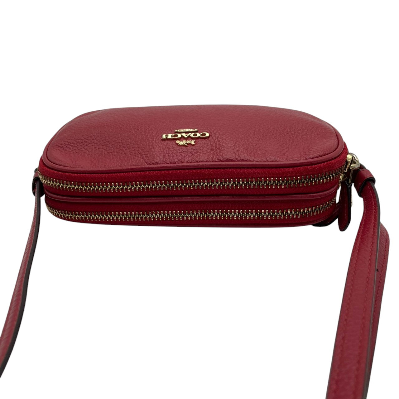 美品 COACH コーチ クロスボディポーチ ショルダーバッグ ピーブルドレザー ワインレッド 赤 レディース ゴールド金具 ダブルジップ コンパクト デイリー お出かけ 斜め掛け 軽量 F30259 s83