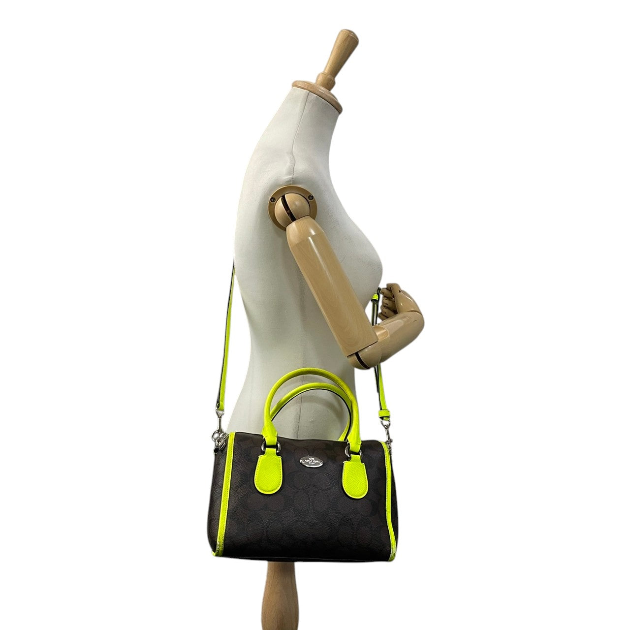 COACH コーチ Mini Bennett ミニベネット サッチェル 2way ハンドバッグ シグネチャー PVC×レザー ブラウン×ネオンイエロー レディース シルバー金具 コンパクト デイリー F34699 s88