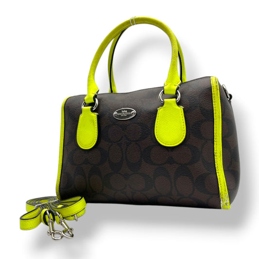 COACH コーチ Mini Bennett ミニベネット サッチェル 2way ハンドバッグ シグネチャー PVC×レザー ブラウン×ネオンイエロー レディース シルバー金具 コンパクト デイリー F34699 s88