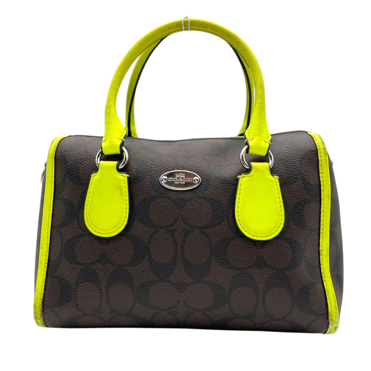 COACH コーチ Mini Bennett ミニベネット サッチェル 2way ハンドバッグ シグネチャー PVC×レザー ブラウン×ネオンイエロー レディース シルバー金具 コンパクト デイリー F34699 s88